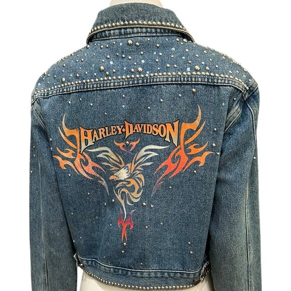 Vintage Harley Davidson Studded Denim Jacket Cropped Jean Jacket / Small - - Picture 3 of 6